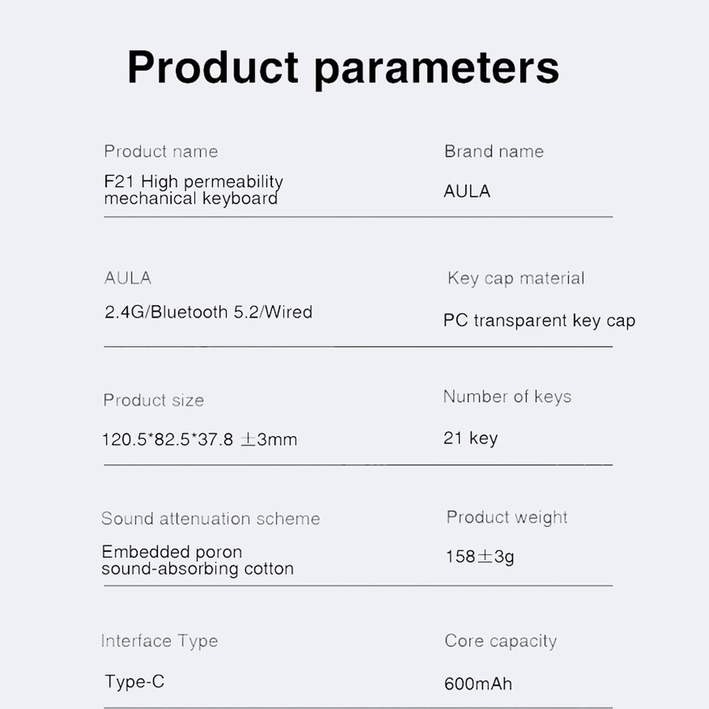 Aula F21 Wireless Keyboard 21Keys NUMPAD Mini Mechanical Keyboard